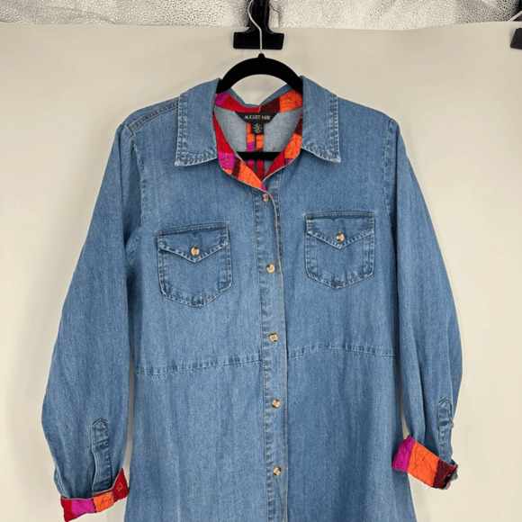 Vintage August Max Womens Denim Shirt Dress Midi Size L Cotton Silk Western Blue - Picture 2 of 16